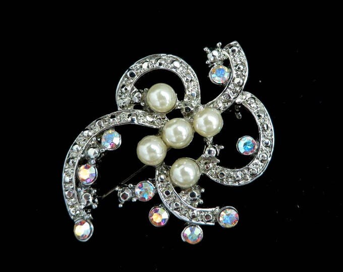 Vintage AB Rhinestone Faux Pearl Brooch | Mid Century Silver Tone Flower Pin | Bridal Jewelry
