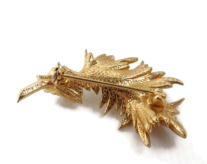 Ciner Gold Tone Leaf Brooch, Vintage Turquoise Beaded Curly Leaf Pin, Signed Designer Gift for Her