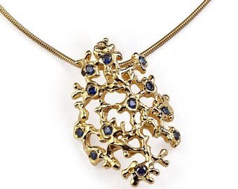 SALE 20% Off - SEA SPRAY Gold Sapphire Pendant Necklace, Blue Sapphire Pendant Necklace, Unique Gold Pendant Necklace, Organic Pendant, Cora