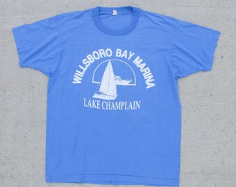 Vintage 80's Willsboro Bay Marina Sail Boat Lake Champlain Vermont New York Screen Stars 50/50 Tee T Shirt Size Medium