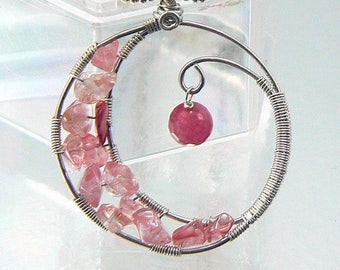 Pendentif Chandra - wire wrapping et quartz cerise