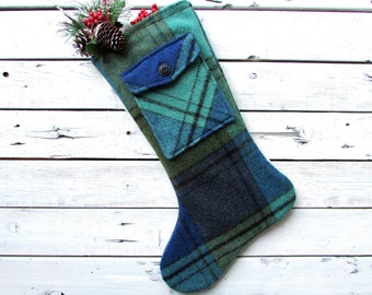 Plaid Christmas Stocking, Plaid Christmas Stockings, Rustic Plaid Christmas Stockings, wool with pocket on both sides