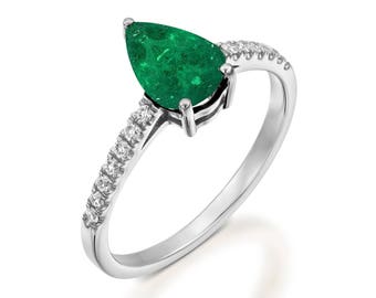 Emerald Diamond Engagement Ring -Gold Ring-Emerald Engagement Ring -Anniversary present-Promised ring-Green Emerald ring-Pear emerald ring