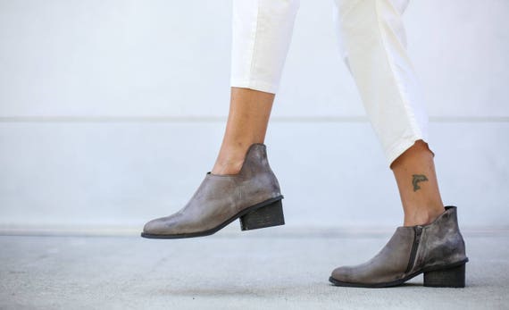 grey leather booties heel