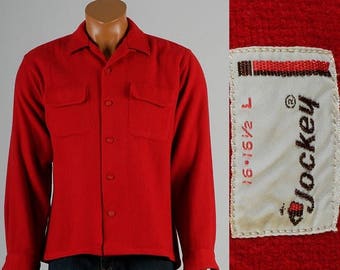 SALE Mens Vintage 50s Jockey Bright Red Wool Loop Collar Board Shirt Flap Chest Pockets 16 Large