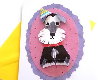 Funny Schnauzer Birthday Card, Handmade Paper cut Dog portrait for Girlfriend, Dog Lovers, Origami Schnauzer card