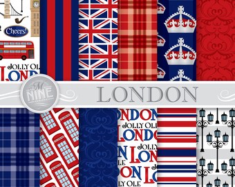 London Digital Paper / LONDON Pattern Prints / London Theme Printable Downloads, London Patterns British Theme DIY Scrapbook Paper