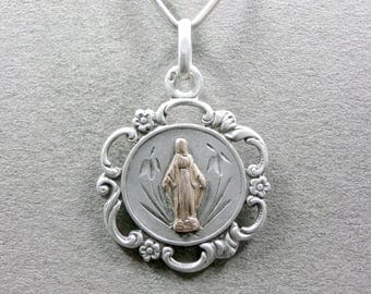 French, Antique Religious Sterling Pendant. Saint Virgin Mary. Sainte Vierge Marie. Silver Miraculous Medal.