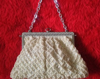 Vtg 40's ANTIQUE GOTH Retro beige cord evening purse handbag