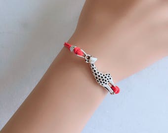 silver giraffe bracelet with red wax cord, adjustable wax cord bracelet, string bracelet, unisex mens bracelet gift