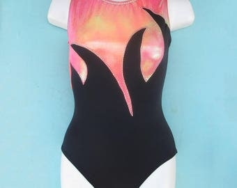 Girls Gymnastics Leotard Childs size 4-14 black pink yellow Mystique metallic appliqued Flame design New Youth skating Dance leo