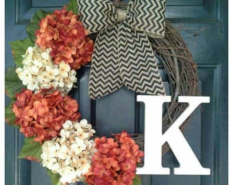 FALL Door Wreath, Autumn Wreath with Orange and Cream Hydrangeas, Black Chevron Bow, Monogram Wreath for FALL