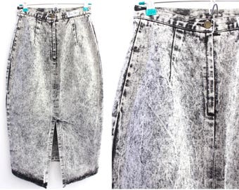 90's Black and White Acid Wash Denim Maxi Skirt