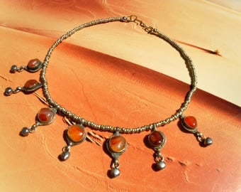 OLD TRIBAL NECKLACE Afghanistan carnelian of beads red orange handmade of silver folk art