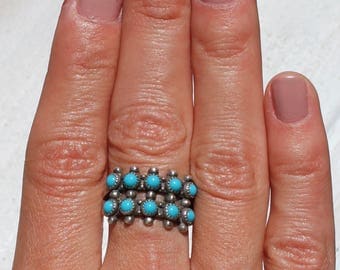 Zuni Petit Point Ring/ Native American Jewelry/ Boho Jewelry/ Double Row Ring/ Turquoise Band Ring/ Snake Eyes Turquoise Ring