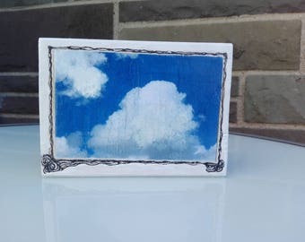 woodart, object, with fotoprint on paper, clouds and sky, drawing