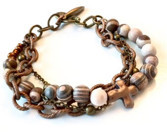 Multistrand Cross Bracelet, Beaded Cross Bracelet, Multistrand Bracelet, Natural Brown Bracelet