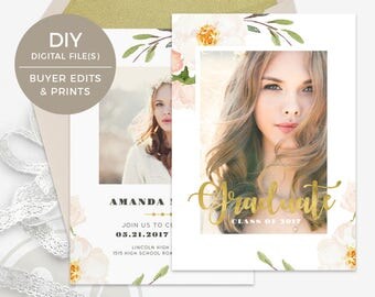 Boho Floral Graduation Announcement Template - Graduation Invitation, Graduation Party Invitation, Instant Download, Open House Invitation