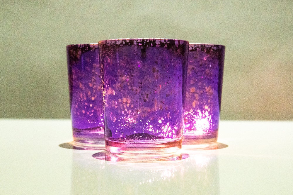 Set of 12 MERCURY GLASS Purple Speckled Glass Candle Holders