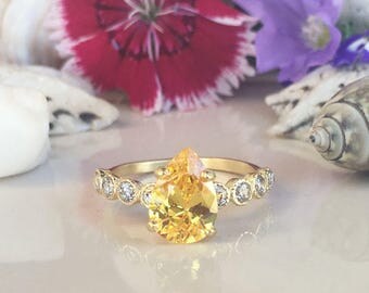 20% off-SALE! Citrine Ring - Gold Ring - Prong Ring - Statement Ring - November Birthstone - Engagement Ring - Cocktail Ring - Teardrop Ring