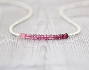 Ombre Pink Tourmaline Beaded Layering Necklace. Delicate Gemstone & Silver or Gold Seed Bead Necklace. Dainty Tiny Bead Jewelry. Jewellery