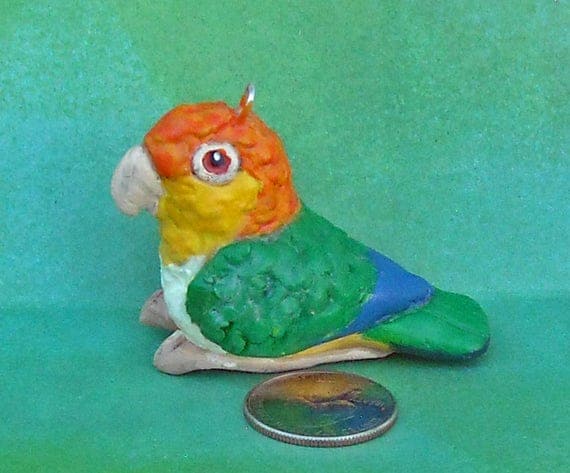 Hand-sculpted One-of-a Kind Sally Blanchard's Tongue-in-Beak Collectible Miniature White-bellied Caique Parrot Christmas Tree Ornament