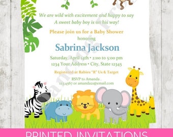 SALE Custom Printed 4.25X5.5" Wild Animals, Jungle, Safari, Boy, Girl, or Gender Neutral Baby Shower Invitations, envelopes included