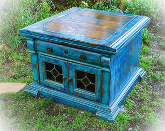 Farmhouse Antique Coffee Table, blue, stained glass, shabby chic coffee table, distressed coffee table, french country end table, side table