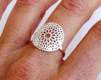 Sterling Silver Ring, Silver Flower Ring, Silver Round Ring, Ethnic Ring, Silver Ring, Big Ring, Silver Band Ring