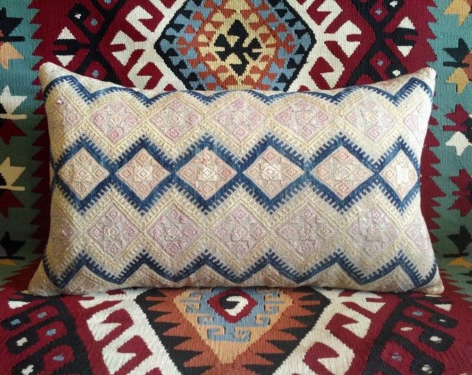 Vintage Chinese Wedding Blanket Pillow Cover / Boho Pink, Tan and Indigo Vintage Ethnic Miao Dowry Textile / Handwoven Lumbar Cushion Cover