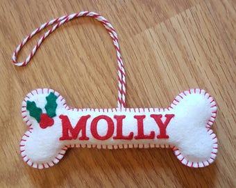 Personnalised dog bone decoration, felt dog bone, felt dog decoration, felt Christmas dog bone, felt dog bone ornament, Christmas dog bone