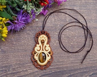 wooden pendant necklace, tiger eye stone, wooden bead necklace, gift for her, tiger eye gemstone, wood jewelry, handcrafted wood, zero waste
