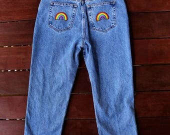 ON SALE Gay Pride Parade Jeans Rainbow Patch High Waisted Denim ANY Size Mom Jeans Distressed