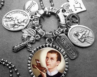 Infertility Fertility Patron St. Gerard Picture Pendant Multi Charm Necklace, Catholic Jewelry Gift, Expectant Mothers, Pregnancy Childbirth