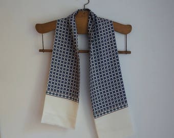 White silk opera scarf, double sided, blue, red, green tile print, men's vintage classic formal accessories