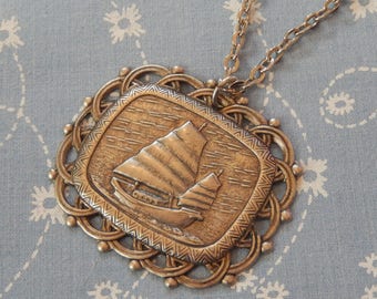 Sail Away Pirate Boat Antique Silver Pendant Necklace