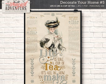 Kitchen Decor, Digital Download, Printable Wall Art, Victorian Style, Home Decor, Tea, Cakes, Recipes, Motivational Quote, Vintage Lady