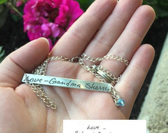Handwriting Jewelry, Handwritten Jewelry, Personalized Handwriting Necklace, Horizontal Sterling Bar Memory Necklace, Signature Necklace