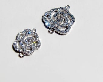 Silver pave connector camelia rose, link focal element pave cubic zirconia CZ crystals link chanel necklace component