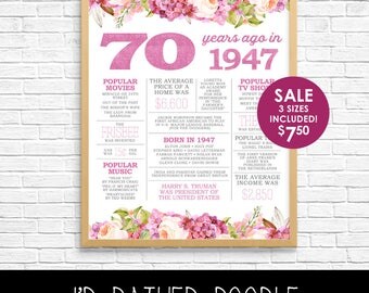 70th Birthday Sign - Back in 1947 - 70 Years Ago in 1947 - Printable Digital Sign - Instant Download - Boho Watercolor Flowers - Gift Sign