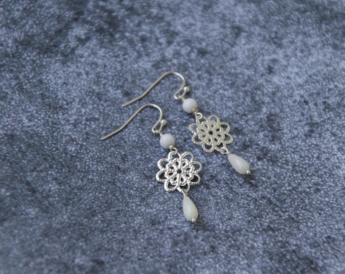Filigree earrings, White bead earrings, Birthday gift for teen girl, Filigree jewelry, White coral earrings, Filigree drop earrings
