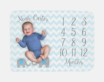 Baby Milestone Blanket | Blue Baby Boy Elephant | Personalized Baby Month Blanket | Baby Boy Fleece or Minky Blanket