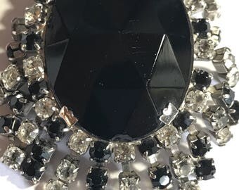 Beautiful Vintage Black Onyx Rhinestone and Silver Brooch