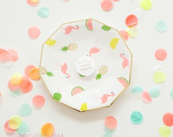 Meri Meri small tropical plates (8). palm tree party supplies. pineapple party plates. flamingo plates. party like a pineapple. palm plates