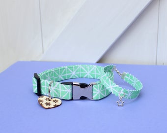 Hand Block-printed Mint Green Fabric Dog Collar and Bracelet Set