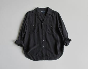 vintage black silk blouse / long sleeve button down shirt / collared silk top / 90s ralph lauren / womens L - XL