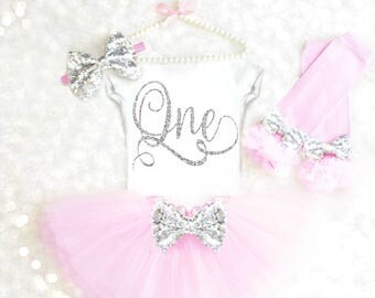 Baby Girl First Birthday Outfit Girl Pink and Silver Birthday Outfit One Birthday Outfit Pink and silver cake smash outfit ANY AGE BB1