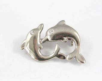 Vintage Dolphin Brooch, Double Dolphin Brooch, Swimming Dolphins Brooch, Silver Tone Brooch, Animal Brooch, Novelty Brooch