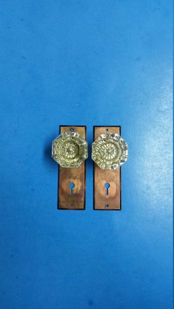 Antique Dummy Door Knobs, 8 Point Glass with Cast Bronze Plates, Pair of 2 Each, ca 1905