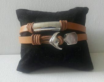 Leather wrap bracelet, Zamac Anchor cuff, Silver plated anchor cuff, Gift for him